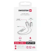 SWISSTEN NABÍJECÍ AUDIO ADAPTÉR TEXTILE USB-C (samec) / 2x USB-C (samice) 0,12 M BÍLÝ