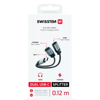 SWISSTEN NABÍJECÍ AUDIO ADAPTÉR TEXTILE USB-C (samec) / 2x USB-C (samice) 0,12 M ČERNÝ SWISSTEN NABÍJECÍ AUDIO ADAPTÉR TEXTILE USB-C (samec) / 2x USB-C (samice) 0,12 M ČERNÝ