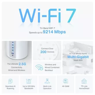 TP-Link Deco BE65(2-pack) BE9300 Třípásmový systém Mesh WiFi 7 pro celou domácnost, 4x 2.5GLAN, USB, 2,4/5/6GHz, HomeShield TP-Link Deco BE65(2-pack) BE9300 Třípásmový systém Mesh WiFi 7 pro celou domácnost, 4x 2.5GLAN, USB, 2,4/5/6GHz, HomeShield
