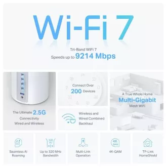 TP-Link Deco BE65(3-pack) BE9300 Třípásmový systém Mesh WiFi 7 pro celou domácnost, 4x 2.5GLAN, USB, 2,4/5/6GHz, HomeShi TP-Link Deco BE65(3-pack) BE9300 Třípásmový systém Mesh WiFi 7 pro celou domácnost, 4x 2.5GLAN, USB, 2,4/5/6GHz, HomeShi