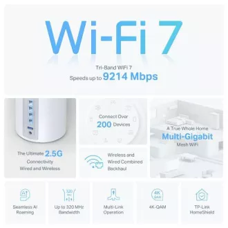 TP-Link Deco BE65(3-pack) BE9300 Třípásmový systém Mesh WiFi 7 pro celou domácnost, 4x 2.5GLAN, USB, 2,4/5/6GHz, HomeShi TP-Link Deco BE65(3-pack) BE9300 Třípásmový systém Mesh WiFi 7 pro celou domácnost, 4x 2.5GLAN, USB, 2,4/5/6GHz, HomeShi