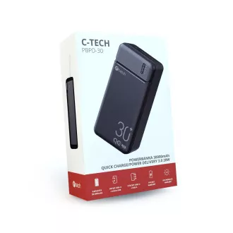 Powerbanka C-tech 30000mAh, Li-Pol, 20W, USB-C/USB-A/micro USB Powerbanka C-tech 30000mAh, Li-Pol, 20W, USB-C/USB-A/micro USB