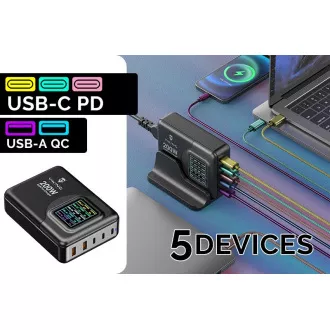 Viking USB GaN charger 200W PD PRO/síťový adaptér/Output:3xUSB-C,2xUSB-A/Rychlo nabíjení/ Viking USB GaN charger 200W PD PRO/síťový adaptér/Output:3xUSB-C,2xUSB-A/Rychlo nabíjení/