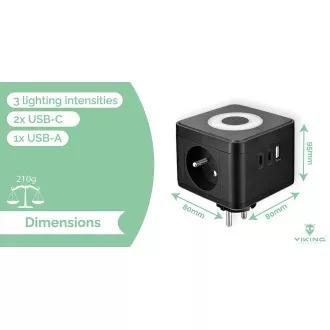Síťový adaptér VIKING Y23L, bílá/Output:2xAC,1xUSB-A,2xUSB-C/dotykové LED světlo Síťový adaptér VIKING Y23L, bílá/Output:2xAC,1xUSB-A,2xUSB-C/dotykové LED světlo