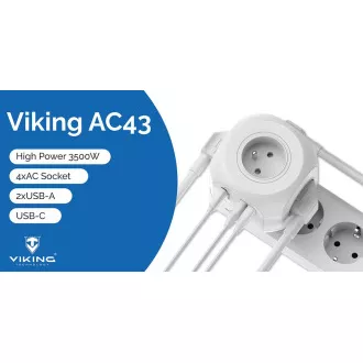 Síťový adaptér Viking AC43/Output: 4xAC, 2xUSB-A, 1xUSB-C/výkon až 3500W/ ON/OFF tlačítko Síťový adaptér Viking AC43/Output: 4xAC, 2xUSB-A, 1xUSB-C/výkon až 3500W/ ON/OFF tlačítko