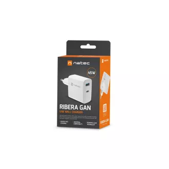 Univerzální USB nabíječka Natec RIBERA GaN 45W, 1X USB-A, 1X USB-C, bílá Univerzální USB nabíječka Natec RIBERA GaN 45W, 1X USB-A, 1X USB-C, bílá