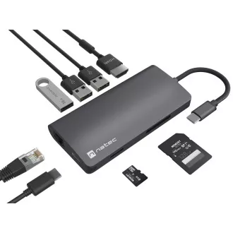 Natec multiport adaptér FOWLER 2 3X USB 3.0 HUB, HDMI 4K, USB-C, RJ45, SD, MICRO SD