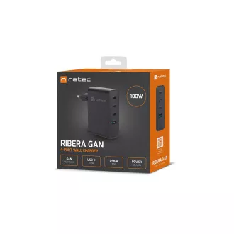 Univerzální USB nabíječka Natec GaN 100W, 3X USB-C, 1X USB-A, Černá