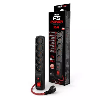 Acar F5 1.5m kabel, 5 zásuvek, přepěťová ochrana, max.proud 16A, černý Acar F5 1.5m kabel, 5 zásuvek, přepěťová ochrana, max.proud 16A, černý