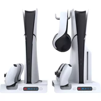 iPega P5S006 Multifunkční Nabíjecí RGB Stojan s Chlazením pro PS5 Slim White