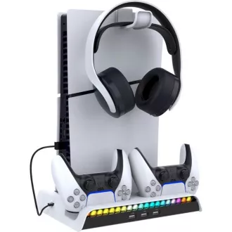 iPega P5S006 Multifunkční Nabíjecí RGB Stojan s Chlazením pro PS5 Slim White