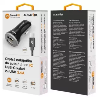 ALIGATOR Chytrá nabíječka do auta 3.4A, 2xUSB, smart IC, černá, USB-C kabel ALIGATOR Chytrá nabíječka do auta 3.4A, 2xUSB, smart IC, černá, USB-C kabel