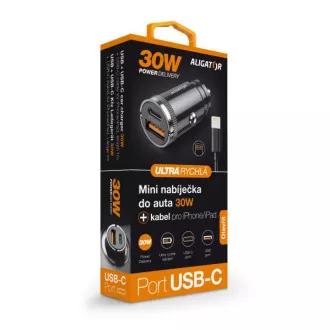 Aligator mini nabíječka do auta Power Delivery 30W,USB-C + USB-A, USB-C kabel pro iPhone/iPad Aligator mini nabíječka do auta Power Delivery 30W,USB-C + USB-A, USB-C kabel pro iPhone/iPad