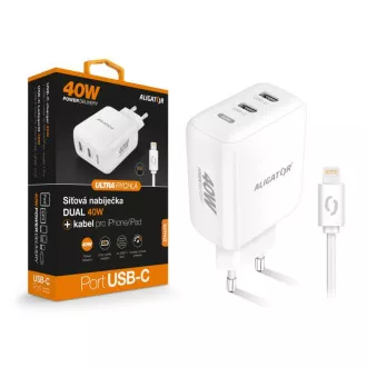 Chytrá síťová nabíječka ALIGATOR Power Delivery 40W, 2xUSB-C, USB-C kabel pro iPhone/iPad, bílá Chytrá síťová nabíječka ALIGATOR Power Delivery 40W, 2xUSB-C, USB-C kabel pro iPhone/iPad, bílá
