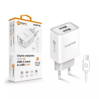 Chytrá síťová nabíječka ALIGATOR 2,4A, 2xUSB, smart IC, bílá, USB-C kabel Chytrá síťová nabíječka ALIGATOR 2,4A, 2xUSB, smart IC, bílá, USB-C kabel