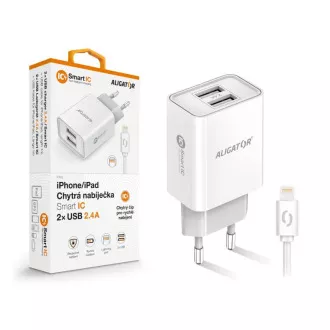 Chytrá síťová nabíječka ALIGATOR 2,4A, 2xUSB, smart IC, bílá, USB kabel pro iPhone/iPad