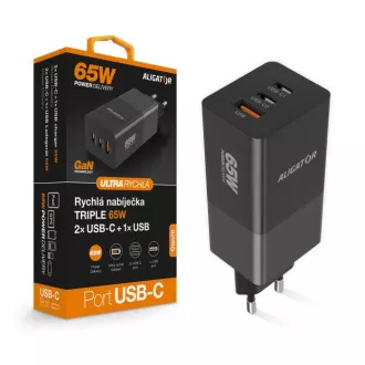 Aligator nabíječka PD65W, 2USB-C, 1xUSB-A, černá Aligator nabíječka PD65W, 2USB-C, 1xUSB-A, černá