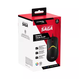 HyperX Pulsefire Saga/Herní/Optická/Pro praváky/26 000 DPI/Drátové USB-A/Černá