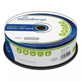 Mediarange DVD-R, MR403, 4.7GB, 16x, cake box, 25-pack, bez možnosti potisku, 12cm, Standard, pro archivaci dat Mediarange DVD-R, MR403, 4.7GB, 16x, cake box, 25-pack, bez možnosti potisku, 12cm, Standard, pro archivaci dat