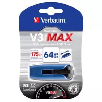 Verbatim USB flash disk, USB 3.0, 64GB, V3 MAX, Store N Go, modrý, 49807, USB A, s výsuvným konektorem Verbatim USB flash disk, USB 3.0, 64GB, V3 MAX, Store N Go, modrý, 49807, USB A, s výsuvným konektorem