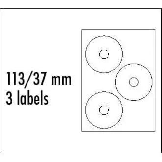 Logo etikety na CD 113/37mm, A4, matné, bílé, 3 etikety, 140g/m2, baleno po 10 ks, pro inkoustové a laserové tiskárny Logo etikety na CD 113/37mm, A4, matné, bílé, 3 etikety, 140g/m2, baleno po 10 ks, pro inkoustové a laserové tiskárny