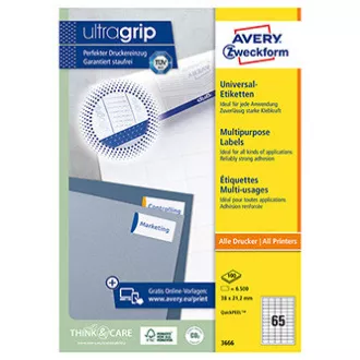 Avery Zweckform etikety 38 x 21.2 mm, A4, bílé, 65 etiket, baleno po 100 ks, 3666, pro laserové a inkoustové tiskárny, kopírky Avery Zweckform etikety 38 x 21.2 mm, A4, bílé, 65 etiket, baleno po 100 ks, 3666, pro laserové a inkoustové tiskárny, kopírky