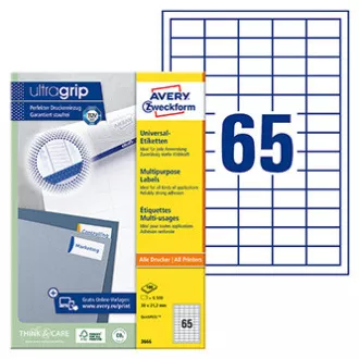 Avery Zweckform etikety 38 x 21.2 mm, A4, bílé, 65 etiket, baleno po 100 ks, 3666, pro laserové a inkoustové tiskárny, kopírky Avery Zweckform etikety 38 x 21.2 mm, A4, bílé, 65 etiket, baleno po 100 ks, 3666, pro laserové a inkoustové tiskárny, kopírky