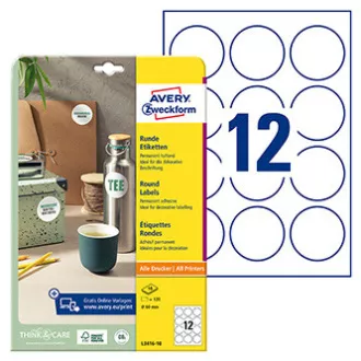 Avery Zweckform etikety 60mm, A4, bílé, 12 etiket, baleno po 10 ks, L3416-10, pro laserové a inkoustové tiskárny, kopírky Avery Zweckform etikety 60mm, A4, bílé, 12 etiket, baleno po 10 ks, L3416-10, pro laserové a inkoustové tiskárny, kopírky