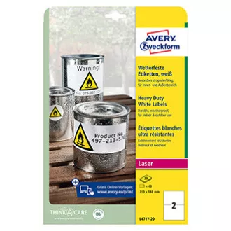 Avery Zweckform etikety 210mm x 148mm, A4, matné, bílé, 2 etikety, velmi odolné, baleno po 20 ks, L4717-20, pro laserové tiskárny Avery Zweckform etikety 210mm x 148mm, A4, matné, bílé, 2 etikety, velmi odolné, baleno po 20 ks, L4717-20, pro laserové tiskárny