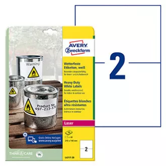 Avery Zweckform etikety 210mm x 148mm, A4, matné, bílé, 2 etikety, velmi odolné, baleno po 20 ks, L4717-20, pro laserové tiskárny Avery Zweckform etikety 210mm x 148mm, A4, matné, bílé, 2 etikety, velmi odolné, baleno po 20 ks, L4717-20, pro laserové tiskárny