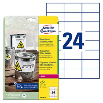 Avery Zweckform etikety 70mm x 37mm, A4, matné, bílé, 24 etiket, velmi odolné, baleno po 20 ks, L4718-20, pro laserové tiskárny a Avery Zweckform etikety 70mm x 37mm, A4, matné, bílé, 24 etiket, velmi odolné, baleno po 20 ks, L4718-20, pro laserové tiskárny a