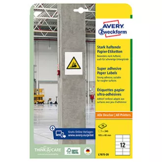 Avery Zweckform etikety 105mm x 48mm, A4, bílé, 12 etiket, s vysokou lepivostí, baleno po 20 ks, L7875-20, pro laserové a inkousto Avery Zweckform etikety 105mm x 48mm, A4, bílé, 12 etiket, s vysokou lepivostí, baleno po 20 ks, L7875-20, pro laserové a inkousto