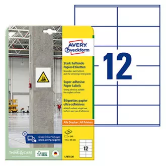 Avery Zweckform etikety 105mm x 48mm, A4, bílé, 12 etiket, s vysokou lepivostí, baleno po 20 ks, L7875-20, pro laserové a inkousto Avery Zweckform etikety 105mm x 48mm, A4, bílé, 12 etiket, s vysokou lepivostí, baleno po 20 ks, L7875-20, pro laserové a inkousto