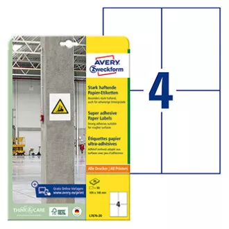 Avery Zweckform etikety 105mm x 148mm, A4, bílé, 4 etikety, s vysokou lepivostí, baleno po 20 ks, L7876-20, pro laserové a inkoust Avery Zweckform etikety 105mm x 148mm, A4, bílé, 4 etikety, s vysokou lepivostí, baleno po 20 ks, L7876-20, pro laserové a inkoust