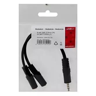 Audio redukce, Jack (3.5mm) samec 4-pólový - 2x Jack (3.5mm) samice, 0.2 m, stereo, černá, Logo, DOPRODEJ