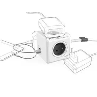 Síťový kabel 230V prodlužovací, CEE7 (vidlice) - POWERCUBE, 1.5m, EXTENDED USB, šedý, POWERCUBE, 4 zásuvky, PD 20W A+C