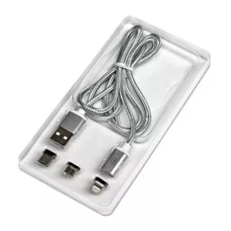 USB kabel s koncovkami (2.0), USB A samec - microUSB samec + Apple Lightning samec + USB C sam, 1m, kulatý, opletený, stříbrný, ma USB kabel s koncovkami (2.0), USB A samec - microUSB samec + Apple Lightning samec + USB C sam, 1m, kulatý, opletený, stříbrný, ma
