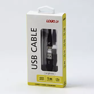 Logo USB kabel (2.0), USB A samec - USB C samec, 1m, 480 Mb/s, 5V/3A, černý, box, nylonové opletení, hliníkový kryt konektoru, DOP