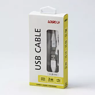 Logo USB kabel (2.0), USB A samec - USB C samec, 2m, 480 Mb/s, 5V/3A, bílý, box, nylonové opletení, hliníkový kryt konektoru, DOPR