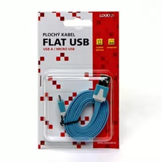 Logo USB kabel (2.0), USB A samec - microUSB samec, 1m, plochý, modrý, blistr, DOPRODEJ