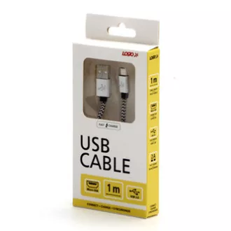 Logo USB kabel (2.0), USB A samec - microUSB samec, 1m, 480 Mb/s, 5V/2A, stříbrný, box, nylonové opletení, hliníkový kryt konektor Logo USB kabel (2.0), USB A samec - microUSB samec, 1m, 480 Mb/s, 5V/2A, stříbrný, box, nylonové opletení, hliníkový kryt konektor