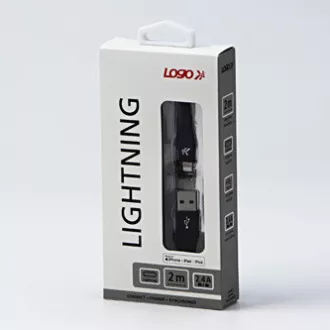 Logo USB kabel (2.0), USB A samec - Apple Lightning samec, 2m, MFi certifikace, 5V/2,4A, černý, box, nylonové opletení, hliníkový Logo USB kabel (2.0), USB A samec - Apple Lightning samec, 2m, MFi certifikace, 5V/2,4A, černý, box, nylonové opletení, hliníkový