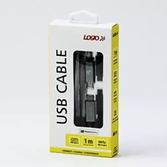 Logo USB kabel (3.2 gen 2), USB C samec - USB C samec, 1m, Power Delivery 100W, 10 Gb/s, 20V/5A, stříbrný, box, nylonové opletení, Logo USB kabel (3.2 gen 2), USB C samec - USB C samec, 1m, Power Delivery 100W, 10 Gb/s, 20V/5A, stříbrný, box, nylonové opletení,