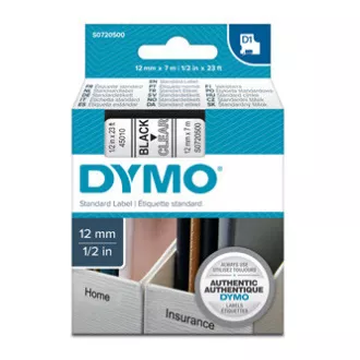 Dymo originální páska do tiskárny štítků, Dymo, 45010, S0720500, černý tisk/průhledný podklad, 7m, 12mm, D1 Dymo originální páska do tiskárny štítků, Dymo, 45010, S0720500, černý tisk/průhledný podklad, 7m, 12mm, D1