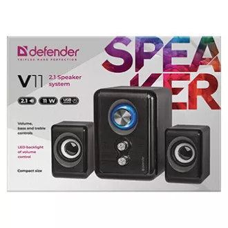 Defender reproduktory V11, 2.1, 11W, černé, regulace hlasitosti, tlačítko napájení, nastavení basů a výšek, 40Hz~18kHz Defender reproduktory V11, 2.1, 11W, černé, regulace hlasitosti, tlačítko napájení, nastavení basů a výšek, 40Hz~18kHz