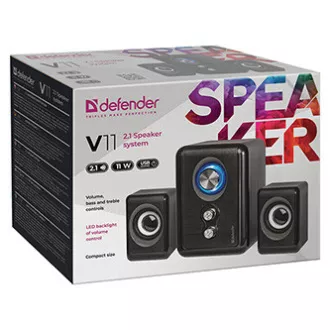 Defender reproduktory V11, 2.1, 11W, černé, regulace hlasitosti, tlačítko napájení, nastavení basů a výšek, 40Hz~18kHz Defender reproduktory V11, 2.1, 11W, černé, regulace hlasitosti, tlačítko napájení, nastavení basů a výšek, 40Hz~18kHz