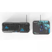 E-blue Polygon sada klávesnice drátová (USB) US, černo-modrá s myší Cobra II, herní, a podložkou Mazer Marface S typ, DOPRODEJ