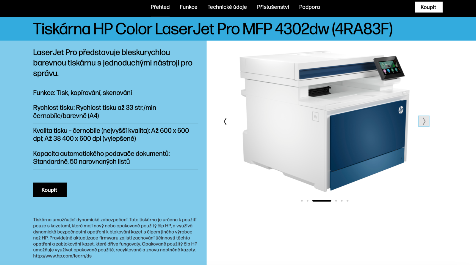 Screenshot produktové stránky tiskárny HP Color LaserJet Pro MFP 4302dw s vyfiltrovanou frází “dynamické zabezpečení"